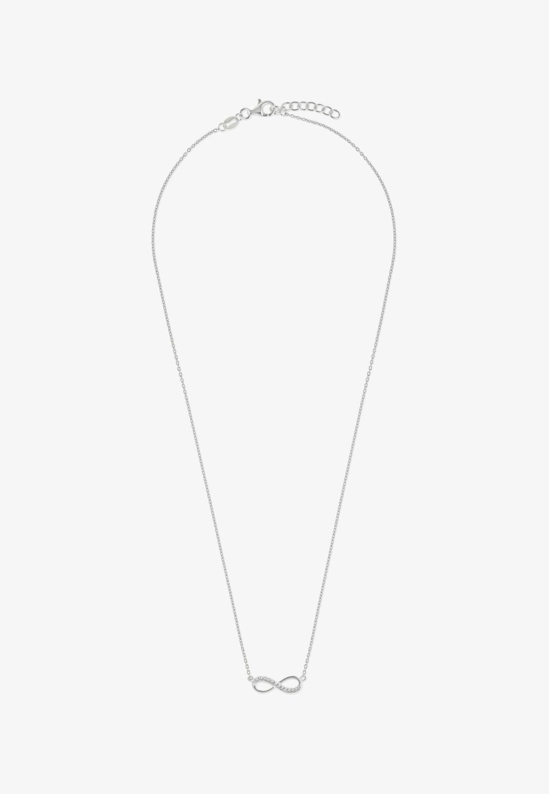 Sølv kædedesign med et lille uendelighedssymbol vedhæng delvist besat med klare sten og en kliklås med justerbare led.
