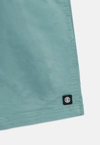 Shorts verde acqua chiaro realizzati in morbido tessuto, con orlo cucito e una patch nera con logo nell'angolo in basso a sinistra.