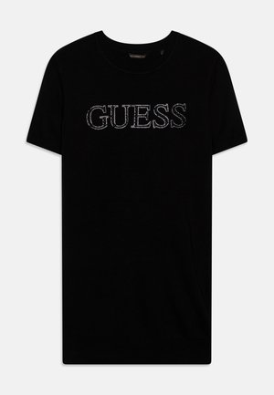 Czarny t-shirt wykonany z bawełny, z krótkimi rękawami, z napisem "GUESS" wysadzanym cyrkoniami z przodu. Gładka faktura, klasyczny krój.