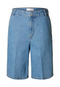 Ljusblå denimshorts med rak skärning, med knappstängning, bältesöglor och diskreta sömnadsdetaljer.