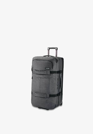 Grau farbener Stoffkoffer mit Rollen, einem teleskopierbaren Griff, mehreren Fächern und schwarzen Riemen zur Sicherung des Inhalts.