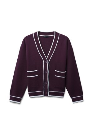 Cardigan violet avec des finitions blanches, décolleté en V, fermeture à boutons sur le devant et deux poches avant. Fabriqué en matériau tricoté doux.