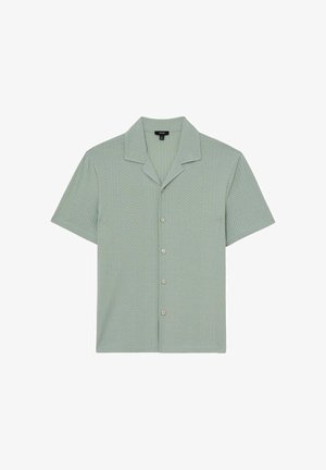 Hellgrünes kurzärmliges Hemd mit Knöpfen, feiner Chevron-Struktur und einem Camp-Kragen.