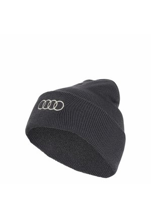 Cappello a maglia grigio scuro con risvolto e logo a cerchi sovrapposti ricamato in bianco sul davanti.