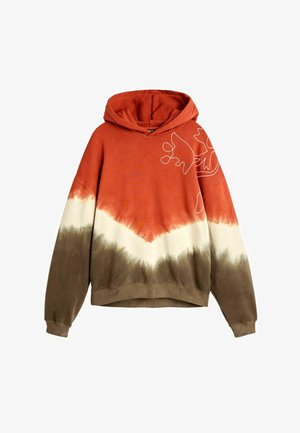 Kapuutsiga dressipluus oranži, valge ja pruuni lipsuvärviga ning valge abstraktse tikandiga disain paremal ülakõhul.