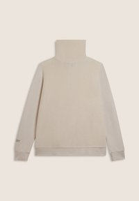 Felpa beige a collo alto con retro texturizzato, maniche lisce e dettaglio del logo sul polsino sinistro. Tessuto morbido con una vestibilità rilassata.