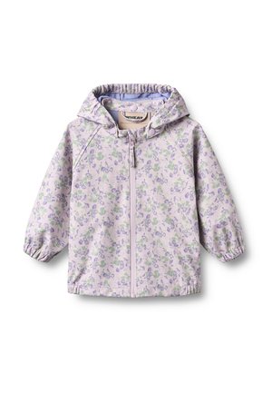 Světlofialová dětská bunda s kapucí, předním zipem, elastickými manžetami a drobným zeleno-fialovým květinovým vzorem.