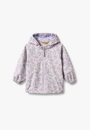 Hellviolette Kinderjacke mit Kapuze, Frontreißverschluss, elastischen Bündchen und einem kleinen grünen und violetten Blumenmuster.