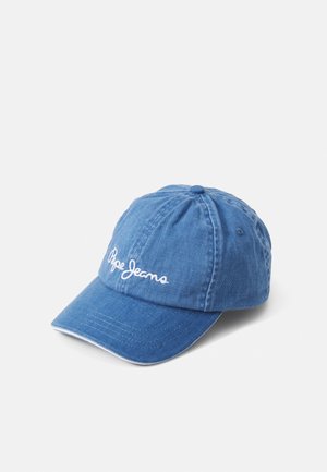 Denim honkbalpet in medium blauw met een witte geborduurde "Pepe Jeans" logo, gebogen klep en een verstelbare band aan de achterkant.