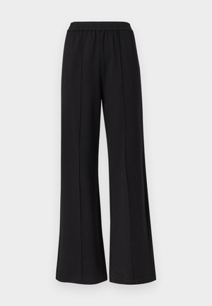 Schwarze Hosen mit weitem Bein, elastischem Bund und vertikalen Nahtdetails, dargestellt vor einem einfachen weißen Hintergrund.