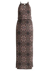 Vestido maxi en una tela estampada con diseños florales y abstractos en negro, rosa y beige. Cintura elástica y tirantes ajustables.