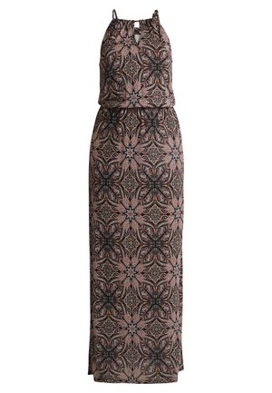 Robe maxi en tissu à motifs avec des designs floraux et abstraits en noir, rose et beige. Taille élastique et bretelles réglables.