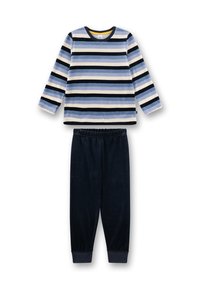 Loungewear-Set mit einem gestreiften langärmeligen Oberteil in Blau- und Weißtönen sowie einer marineblauen Hose. Weiches Fleece-Material für hohen Tragekomfort.