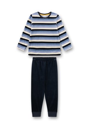 Loungewear-Set mit einem gestreiften langärmeligen Oberteil in Blau- und Weißtönen sowie einer marineblauen Hose. Weiches Fleece-Material für hohen Tragekomfort.