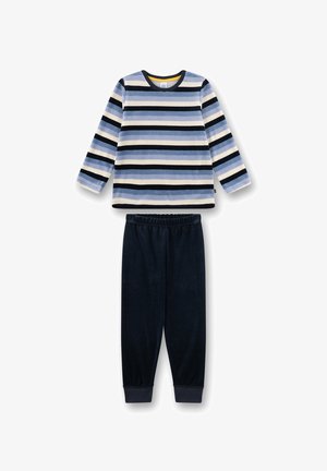 Loungewear set featuring a striped long-sleeve top in blue and white hues with navy pants. Soft, fleece material for comfort.