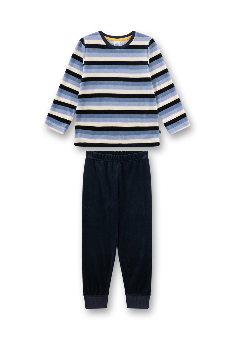 Loungewear-Set mit einem gestreiften langärmeligen Oberteil in Blau- und Weißtönen sowie einer marineblauen Hose. Weiches Fleece-Material für hohen Tragekomfort.