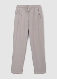 Pantalon gris clair avec une taille élastique et un cordon de serrage. Comprend des poches latérales, une coupe droite et une texture douce et lisse.