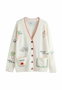Cream cardigan with brown buttons, embroidered farm and garden motifs including a rooster, carrots, poppies, and handwritten text on front and sleeves.