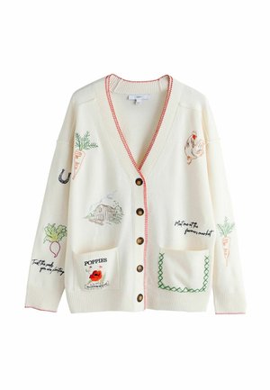 Cream cardigan with brown buttons, embroidered farm and garden motifs including a rooster, carrots, poppies, and handwritten text on front and sleeves.