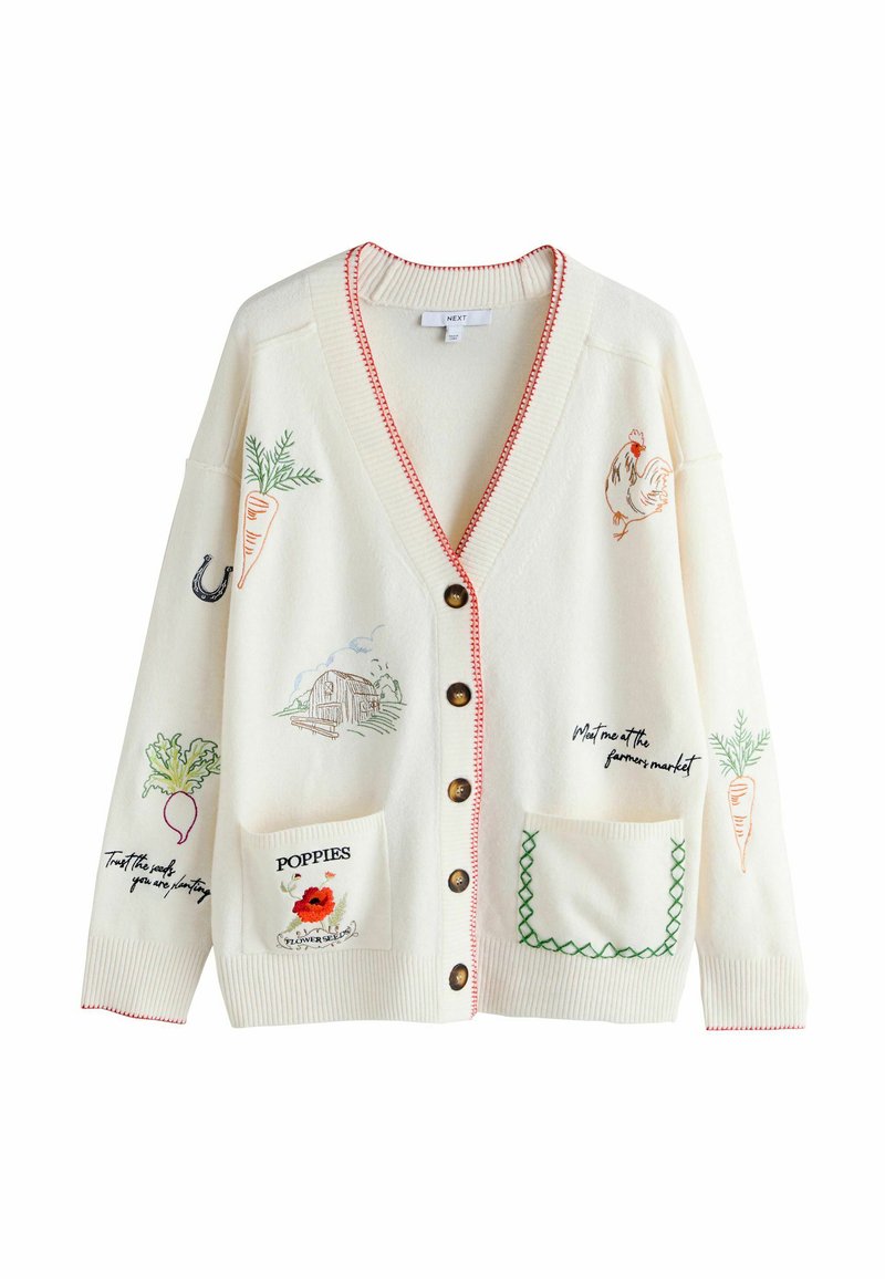 Cream cardigan with brown buttons, embroidered farm and garden motifs including a rooster, carrots, poppies, and handwritten text on front and sleeves.