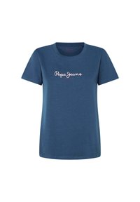 Mėlynas medvilninis marškinėlis su apvalia iškirpte. Priekyje yra baltos, kreivės rašalo užrašas "Pepe Jeans London". Trumpi rankovės.