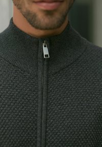 Grauer Reißverschluss-Pullover mit strukturiertem Muster und geripptem Kragen. Mit silbernem Reißverschluss und figurbetontem Design. Weiches Material.