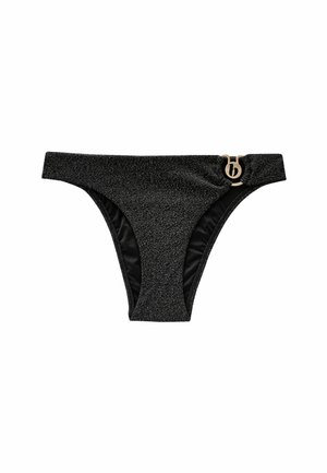 Melna bikini apakšda ar neizteiktu metālisku spīdumu. Iezīmēta ar faktūru, vidēju pārklājumu un zelta sprādzi sānos.