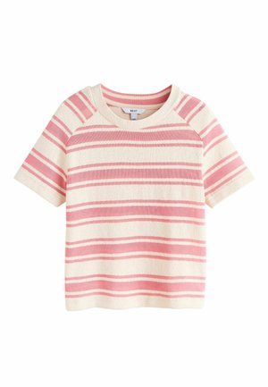 Top de punto de manga corta con rayas horizontales en rosa y crema y escote redondo.