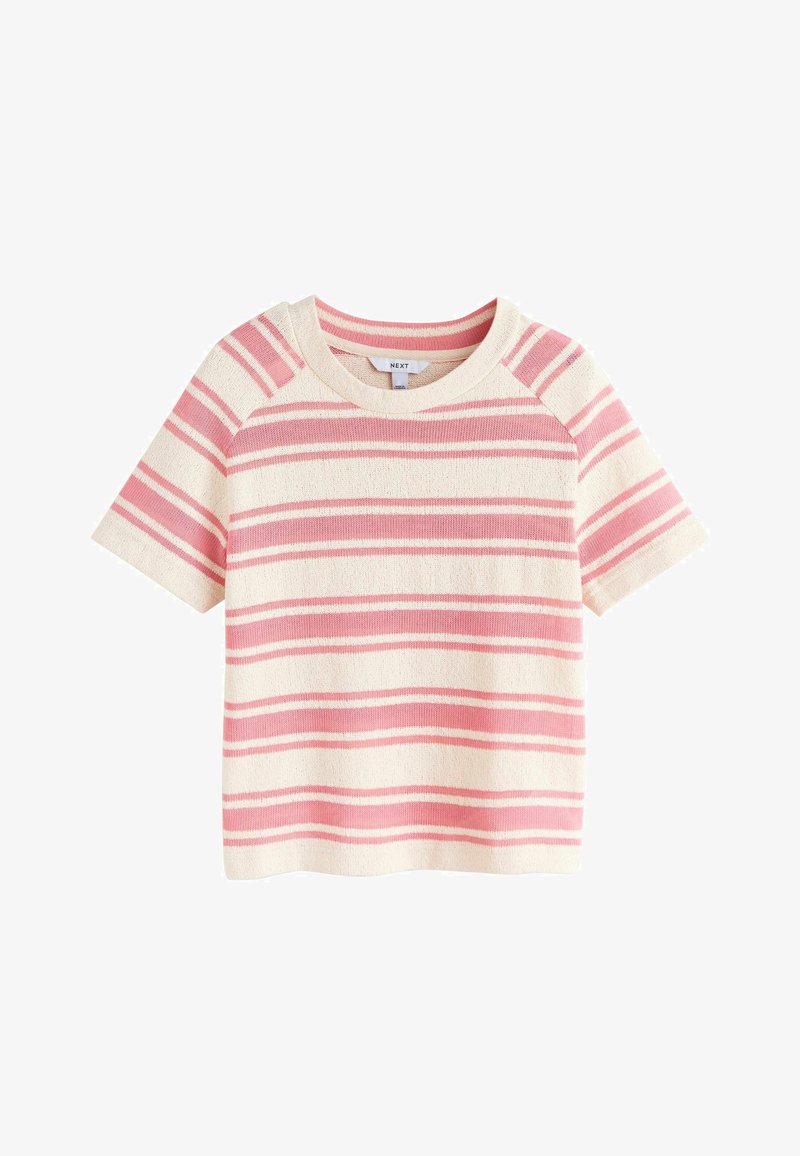 Haut tricoté à manches courtes avec rayures horizontales roses et crème et encolure ronde.