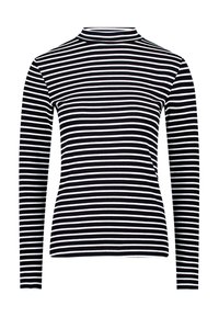 Čierno-biely pruhovaný top s dlhým rukávom a vysokým výstrihom z mäkkej látky, s rovnomerne rozloženými horizontálnymi pruhmi.