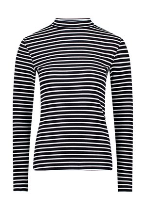 Zwart-wit gestreept shirt met lange mouwen en een hoge hals, gemaakt van zacht materiaal, met gelijkmatig gespreide horizontale strepen.