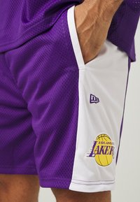 Shorts da basket in rete viola con pannelli laterali bianchi. Presentano il logo dei Los Angeles Lakers e un piccolo tag con il marchio. Tessuto leggero e traspirante.