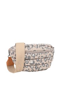 Borsa a tracolla imbottita beige con stampa leopardata grigia, dotata di una tracolla robusta, chiusura con zip e dettagli in pelle.