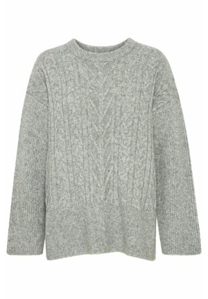 Grijze gebreide trui met een kabelbreipatronen, ronde halslijn en lange mouwen. Zachte textuur en een ontspannen pasvorm.