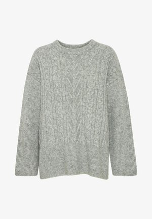 Pull en tricot gris avec un motif en torsades, col rond et manches longues. Texture douce et coupe décontractée.