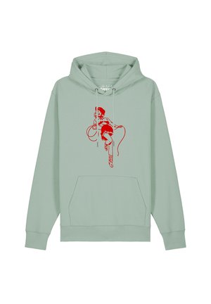 Hellgrüner Kapuzensweatshirt mit einem roten Bild einer Frau in Vintage-Outfit, die vorne in der Mitte ein Lasso hält.