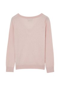 Maglione rosa chiaro con un ampio scollo e maniche lunghe. Texture morbida e polsi a coste. Design semplice, nessun motivo o accento visibile.