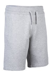Graue Baumwollmischung-Shorts mit einem elastischen Bund, Kordelzug und seitlichen Taschen. Glatte Textur und knielanger Schnitt.