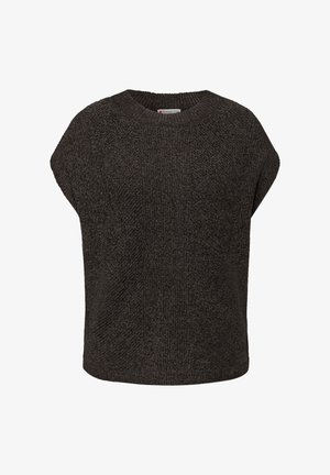 Suéter de punto marrón oscuro con escote redondo, mangas cortas tipo capa y un ajuste holgado y cuadrado. Tejido texturizado con detalles mínimos.