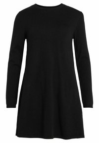 Svart långärmad klänning med rund halsringning, A-linjeform och sidokilar, tillverkad av ett mjukt stickat material. Inga synliga mönster eller detaljer.
