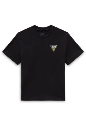 Sort Vans t-shirt med korte ærmer og et lille trekantet logo med en gul grafik på venstre bryst.