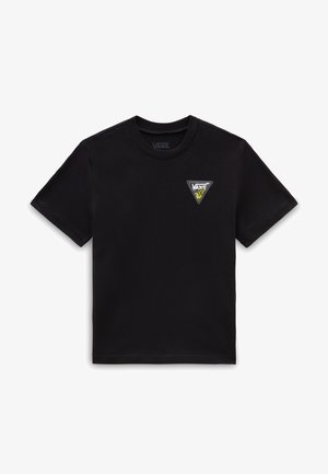 Sort Vans t-shirt med korte ærmer og et lille trekantet logo med en gul grafik på venstre bryst.