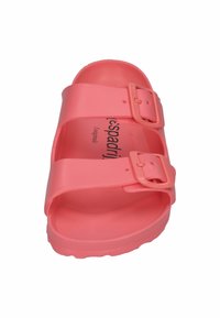 Pink plastic sandal with two adjustable straps, buckle closures, and a contoured footbed design. Smooth texture and flat sole.