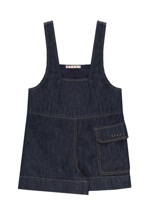 Vestito grembiule in denim blu scuro senza maniche con scollo quadrato e una grande tasca sul lato destro con l'etichetta "MARNI."
