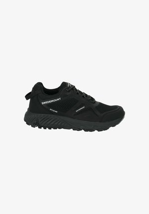 Black waterproof hiking shoe with mesh panels, textured sole, round toe, and reflective laces. Features logo and pull tab on heel.