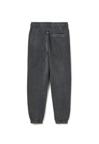 Dunkelgraue Jogginghose mit elastischem Bund, abgeschnittenen Säumen und einer einzelnen Gesäßtasche. Weicher, strukturierter Stoff für Komfort.