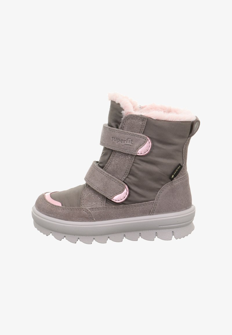 Grijze synthetische laarzen met roze accenten, klittenbandsluitingen, pluche voering en een dikke witte zool met gestructureerde grippatronen.