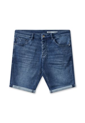 Mørkeblå denimshorts med en lysvasket overflade, som har knaplukning, fem lommer og opkrøllede kanter. Enkel design med klassisk pasform.