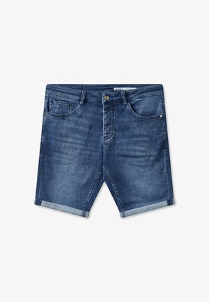 Džínové šortky v tmavě modré barvě s vybledlým omytem, zdobené zapínáním na knoflík, pěti kapsami a ohrnutými lemy. Jednoduchý design s klasickým střihem.