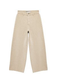 Beige wijde-jeans met een hoge taille, gemaakt van denim, met een sluiting aan de voorkant en een onafgewerkte zoom bij de enkels.